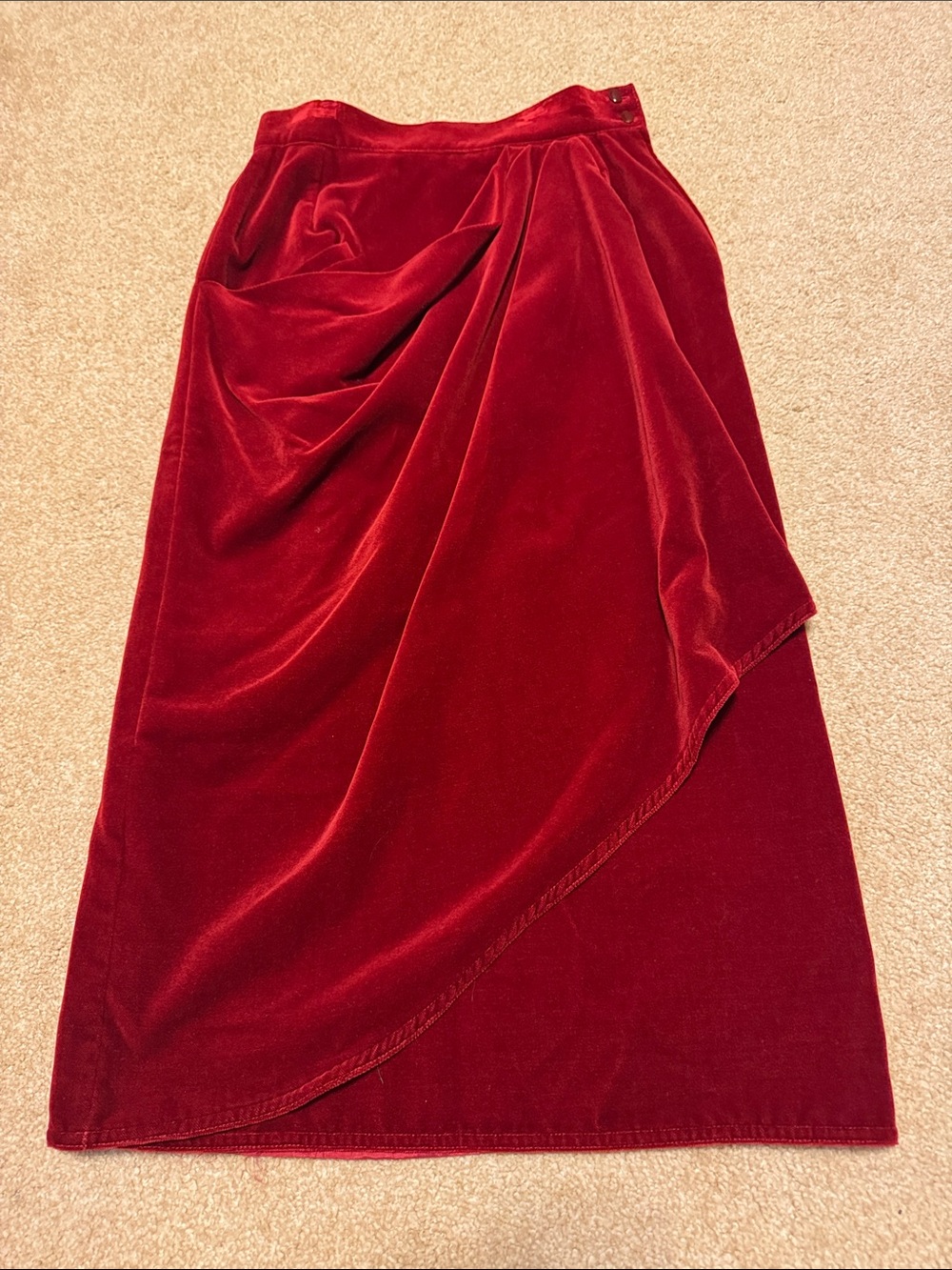 Draped High-Low Velvet Midi Skirt in Deep Red